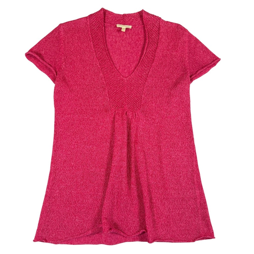 Eileen Fisher Raspberry Pink 100% Linen Knit V-Neck Tunic Top XS RN78121‎